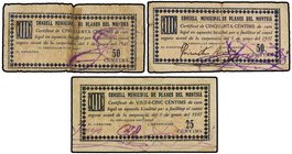 PAPER MONEY OF THE CIVIL WAR: CATALUNYA
Lote 3 billetes 25 y 50 Cèntims (2). 1 Gener 1937. C.M. de PLANES DE MONTSIÀ. (Pequeñas roturas). AT-1873, 18...