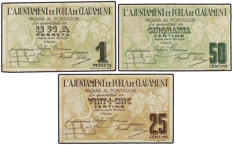 PAPER MONEY OF THE CIVIL WAR: CATALUNYA
Lote 3 billetes 25, 50 Cèntims y 1 Pess...