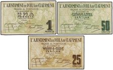 PAPER MONEY OF THE CIVIL WAR: CATALUNYA
Lote 3 billetes 25, 50 Cèntims y 1 Pesseta. Aj. de POBLA DE CLARAMUNT. AT-1896/1898. MBC+ a EBC.