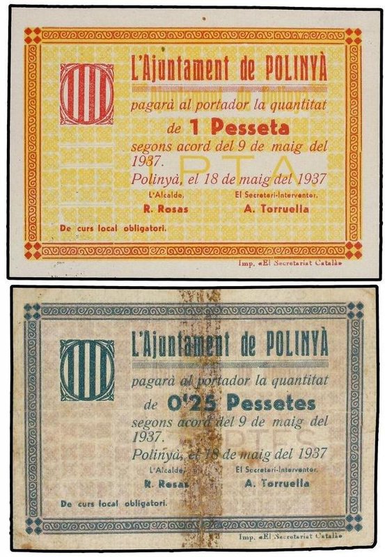 PAPER MONEY OF THE CIVIL WAR: CATALUNYA
Lote 2 billetes 0,25 y 1 Pesseta. 18 Ma...