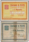 PAPER MONEY OF THE CIVIL WAR: CATALUNYA
Lote 2 billetes 0,25 y 1 Pesseta. 18 Maig 1937. Aj. de POLINYÀ. (Uno roturas, restos de adhesivo). AT-1939, 1...