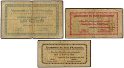 PAPER MONEY OF THE CIVIL WAR: CATALUNYA
Lote 3 billetes 25, 50 Cèntims y 1 Pesseta. 7 Setembre 1937. Aj. d´EL PONT D´ARMENTERA. (Roturas). AT-1943, 1...