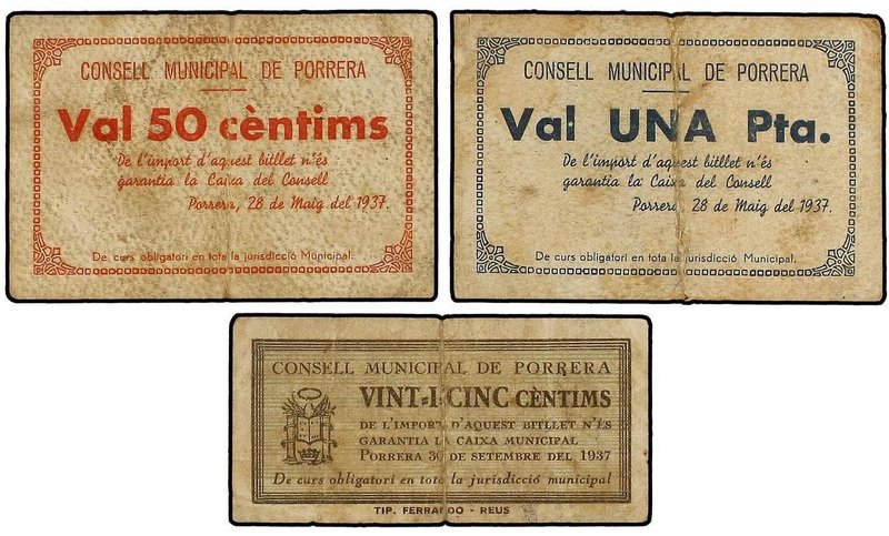 PAPER MONEY OF THE CIVIL WAR: CATALUNYA
Lote 3 billetes 25, 50 Cèntims y 1 Pess...