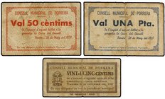 PAPER MONEY OF THE CIVIL WAR: CATALUNYA
Lote 3 billetes 25, 50 Cèntims y 1 Pesseta. 30 Setembre 1937 y 28 Maig 1937. C.M. de PORRERA. (Algo sucios). ...