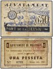 PAPER MONEY OF THE CIVIL WAR: CATALUNYA
Lote 2 billetes 0,50 Pessetes y 1 Pesseta. Juliol 1937 y Març 1937. Aj. de PORT DE LA SELVA y Aj. de PREIXENS...