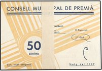 PAPER MONEY OF THE CIVIL WAR: CATALUNYA
Lote 49 billetes 50 Cèntims. Maig 1937. C.M. de PREMIÀ. Con sello tampón. Todos correlativos, números 7851 a ...
