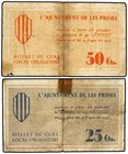 PAPER MONEY OF THE CIVIL WAR: CATALUNYA
Lote 2 billetes 25 y 50 Cèntims. 14 Agosto 1937. Aj. de LES PRESES. (Roturas). AT-2020, 2021. MBC-.