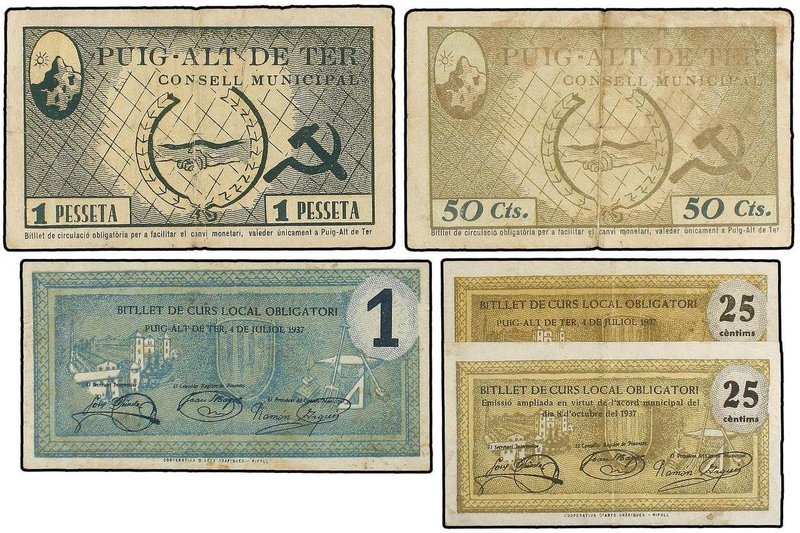 PAPER MONEY OF THE CIVIL WAR: CATALUNYA
Lote 5 billetes 25 (2), 50 Cèntims y 1 ...