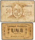 PAPER MONEY OF THE CIVIL WAR: CATALUNYA
Lote 2 billetes 1 Peseta y 50 Cèntims. C.M. de ROQUETAS y Aj. de ROQUETES. (pequeñas manchitas). AT-220, 2205...