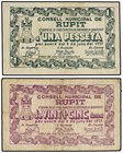PAPER MONEY OF THE CIVIL WAR: CATALUNYA
Lote 2 billetes 25 Cèntims y 1 Pesseta. 6 Juny 1937. C.M. de RUPIT. AT-2230a, 2231a. MBC a EBC-.