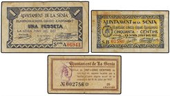 PAPER MONEY OF THE CIVIL WAR: CATALUNYA
Lote 3 billetes 25, 50 Cèntims y 1 Pesseta. 1937. Aj. de LA SÉNIA. AT-2330/2332. MBC.