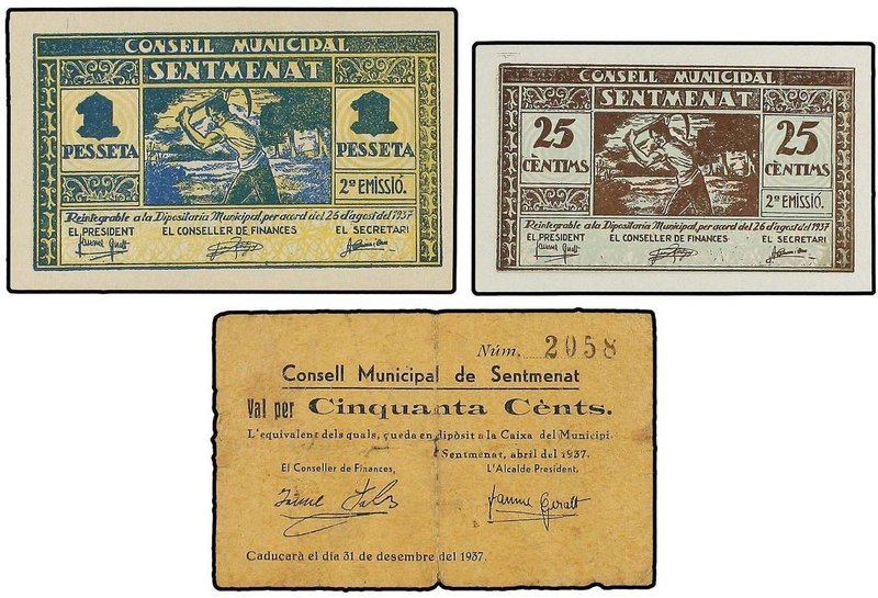 PAPER MONEY OF THE CIVIL WAR: CATALUNYA
Lote 3 billetes 25, 50 Cèntims y 1 Pess...