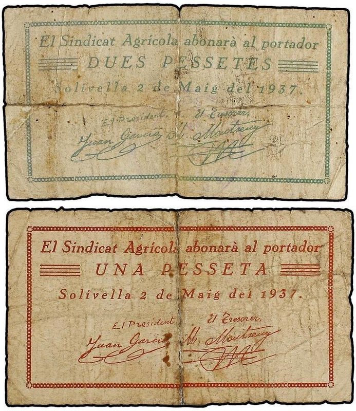 PAPER MONEY OF THE CIVIL WAR: CATALUNYA
Lote 2 billetes 1 y 2 Pessetes. 2 Maig ...