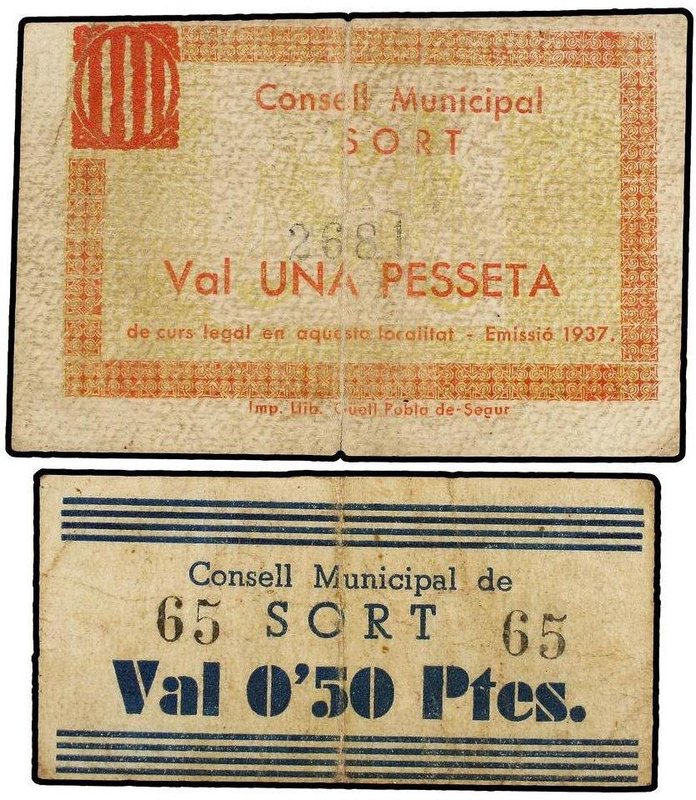 PAPER MONEY OF THE CIVIL WAR: CATALUNYA
Lote 2 billetes 0,50 y 1 Pesseta. Emiss...