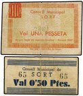 PAPER MONEY OF THE CIVIL WAR: CATALUNYA
Lote 2 billetes 0,50 y 1 Pesseta. Emissió 1937. C.M. de SORT. (1 Pta. Impresión algo desplazada hacia arriba....