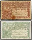 PAPER MONEY OF THE CIVIL WAR: CATALUNYA
Lote 2 billetes 50 Cèntims y 1 Pesseta. 16 Maig 1937. Aj. de SUBIRATS. (Uno manchas y roturas). AT-2408, 2409...