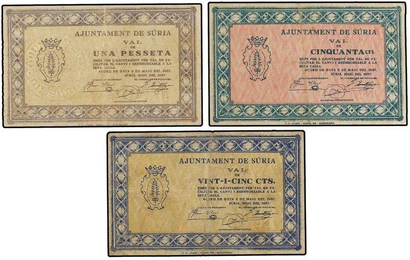 PAPER MONEY OF THE CIVIL WAR: CATALUNYA
Lote 3 billetes 25, 50 Cèntims y 1 Pess...