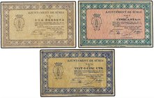 PAPER MONEY OF THE CIVIL WAR: CATALUNYA
Lote 3 billetes 25, 50 Cèntims y 1 Pesseta. 3 Maig 1937. Aj. de SÚRIA. AT-2416, 2420,2421b. MBC+ a EBC-.