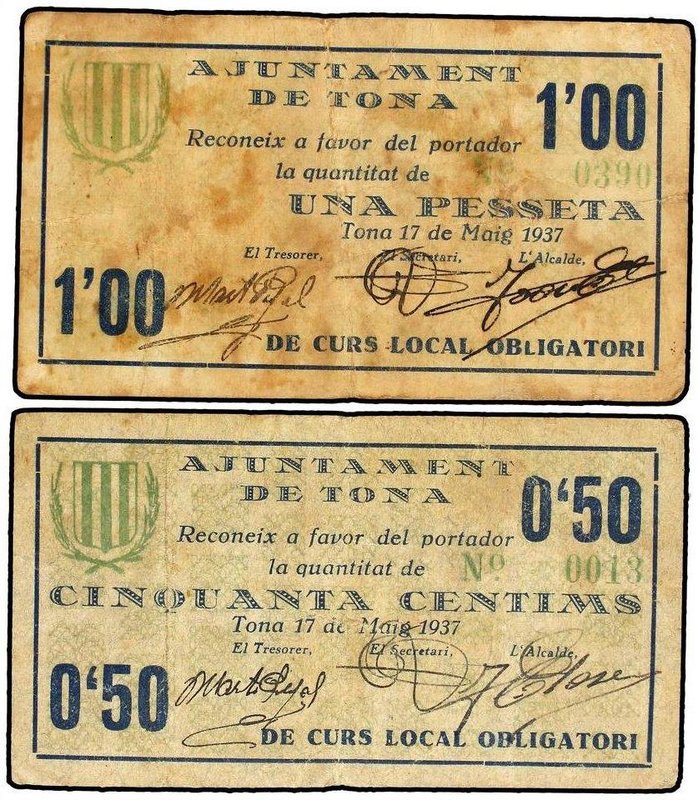 PAPER MONEY OF THE CIVIL WAR: CATALUNYA
Lote 2 billetes 0,50 y 1 Pesseta. 17 Ma...