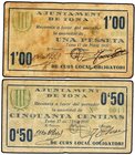 PAPER MONEY OF THE CIVIL WAR: CATALUNYA
Lote 2 billetes 0,50 y 1 Pesseta. 17 Maig 1937. Aj. de TONA. (pequeñas manchitas). AT-2499, 2500a. MBC a MBC+...