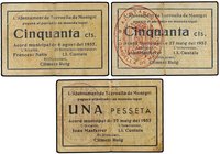 PAPER MONEY OF THE CIVIL WAR: CATALUNYA
Lote 3 billetes 50 Cèntims (2) y 1 Pesseta. 27 maig 1937 y 6 Agost 1937. Aj. de TORROELLA DE MONTGRÍ. AT-2563...