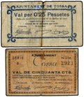 PAPER MONEY OF THE CIVIL WAR: CATALUNYA
Lote 2 billetes 0,25 Pessetes y 50 Cèntims. 31 Maig 1937. Aj. de TOSSA. (Roturas). AT-2585, 2588. BC+ y MBC-....