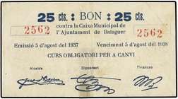 PAPER MONEY OF THE CIVIL WAR
Lote 8 billetes 10 a 50 Cèntims. Incluye: 25 Céntimos Aj. Balaguer, 25 Céntimos Aj. Bigues, 50 Céntimos Aj. Cardedeu, 10...