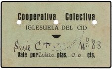 PAPER MONEY OF THE CIVIL WAR: ARAGÓN-FRANJA DE PONENT
 5 Pesetas . COOPERATIVA COLECTIVA de IGLESUELA DEL CID (Teruel) . Cartón. Nº 83. Sello tampón ...