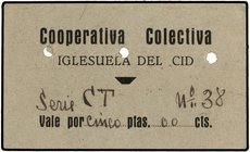 PAPER MONEY OF THE CIVIL WAR: ARAGÓN-FRANJA DE PONENT
 5 Pesetas . COOPERATIVA COLECTIVA de IGLESUELA DEL CID (Teruel) . Cartón. Nº 38. Sello tampón ...