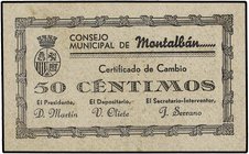 PAPER MONEY OF THE CIVIL WAR: ARAGÓN-FRANJA DE PONENT
50 Céntimos. 1 Junio 1937. C.M. de MONTALBÁN (Teruel). (Algo sucio). Mont-941c. SC-.