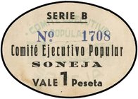 PAPER MONEY OF THE CIVIL WAR: CASTELLÓN
1 Peseta. SONEJA (Castellón). Cartón ovalado. Serie B, sin tampón al dorso. (Leves manchas). RARÍSIMO. RGH-49...