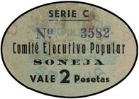 PAPER MONEY OF THE CIVIL WAR: CASTELLÓN
2 Pesetas. SONEJA (Castellón). COMITÉ EJECUTIVO POPULAR. Cartón ovalado. Serie C, sin tampón al dorso. (Leves...