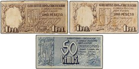 PAPER MONEY OF THE CIVIL WAR: VALENCIA
Lote 3 billetes 50 Céntimos y 1 Peseta (2). 1 Febrero 1937. C.M de VINAROZ. Una de 1 Peseta variante sin N de ...