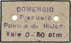 COOPERATIVE AND ADVERTISING TOKENS
0,50 Céntimos. COMERCIO PLAZUELO. PUEBLA DE HÍJAR (TERUEL). Cartón. Ultramarinos PABLO PLAZUELO . EBC.