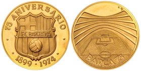 SPANISH MEDALS
Medalla 75 Aniversario F.C. Barcelona. 1974. Anv.: Escudo del F.C. Barcelona. Rev.: Vistas del Camp Nou. 34,8 grs. AU (917). Ø 40 mm. ...