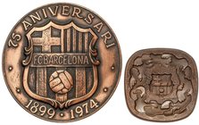 SPANISH MEDALS
Lote 2 medallas. 1957 y 1974. FUTBOL CLUB BARCELONA. AE. Ø 50 y 80 mm. Inauguración Camp Nou y 75 Aniv. F.C. Barcelona. SC.