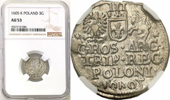 COLLECTION of Polish 3 grosze
POLSKA/ POLAND/ POLEN/ LITHUANIA/ LITAUEN

Zygmunt III Waza. Trojak (3 grosze) 1605, Krakow (Cracow) NGC AU53 
Głowa...