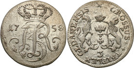 Augustus III the Sas 
POLSKA/POLAND/POLEN/SACHSEN/FRIEDRICH AUGUST II

August III Sas. Trojak 1758, Gdansk (Danzig) - Beautiful 
Moneta bita w sre...