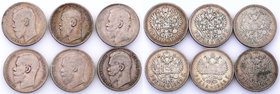 Russia 
RUSSIA/ RUSSLAND/ РОССИЯ

Russia. Nicholas II. Rubel (Rouble) 1896-1899, group 6 coins 
Roczniki: 2 x 1896, 2 x 1897, 1898, 1899.Obiegowe ...