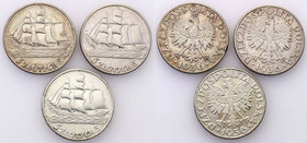 Poland II Republic 
POLSKA / POLAND / POLEN

II RP. 5 zlotych 1936 Sailing ship, group 3 pieces 
Patyna. Resztki połysku. Zestaw 3 monet.Parchimow...