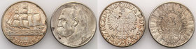 Poland II Republic 
POLSKA / POLAND / POLEN

II RP. 5 zloty 1936 Sailing ship + 5 zlotych Pilsudski Strzelecki 
Patyna. Zestaw 2 monet.Fischer OB ...