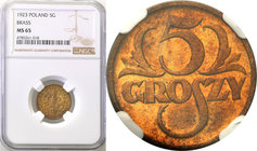 Poland II Republic 
POLSKA / POLAND / POLEN

II RP. 5 groszy 1923 brass NGC MS65 
Pierwszy rocznik bicia monety pięciogroszowej okresu II RP.Jedyn...