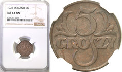 Poland II Republic 
POLSKA / POLAND / POLEN

II RP. 5 groszy 1925 NGC MS63 BN 
Mennicza sztuka rzadkiego, wczesnego rocznika 5-groszówki.Wspaniała...