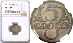 Poland II Republic 
POLSKA / POLAND / POLEN

II RP. 5 groszy 1937 NGC MS63 BN 
Rzadszy rocznik w tym kolorze. Intensywny połysk menniczy,piękna pa...