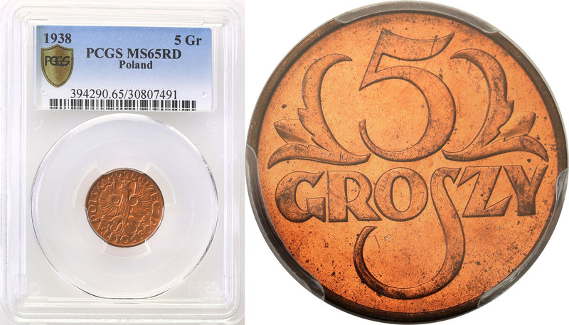 Poland II Republic 
POLSKA / POLAND / POLEN

II RP. 5 groszy 1938 PCGS MS65 R...