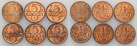 Poland II Republic 
POLSKA / POLAND / POLEN

II RP. 5 groszy 1935, 1938 (4 szt.), 1939, group 6 pieces 
Monety wyjęte prosto z rulonu bankowego. D...