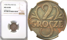 Poland II Republic 
POLSKA / POLAND / POLEN

II RP. 2 grosze 1930 NGC MS64 BN (2 MAX) 
Druga najwyższa nota gradingowa na świecie.Egzemplarz wybie...