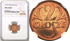 Poland II Republic 
POLSKA / POLAND / POLEN

II RP. 2 grosze 1937 NGC MS65 RD 
Druga najwyższa nota gradingowa na świecie.Menniczy egzemplarz pros...