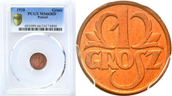 Poland II Republic 
POLSKA / POLAND / POLEN

II RP. 1 grosz 1928 PCGS MS66 RD (MAX) 
Najwyższa nota na świecie. Egzemplarz niegdyś wybierany z rul...