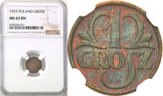Poland II Republic 
POLSKA / POLAND / POLEN

II RP 1 grosz 1933 NGC MS65 BN 
Piękna moneta. Intensywny połysk menniczy, ładna, delikatna brązową p...